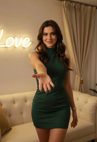 Woman in dark green mini dress smiling indoors near glowing neon love
