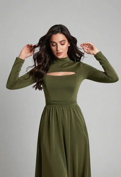Woman in olive green dress posing elegantly against a light grey studio