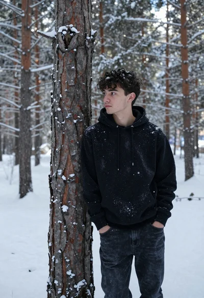 Young man in black sweatshirt leaning against pine tree in snowy forest