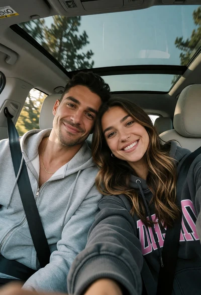 Couple selfie inside modern car showing passing trees through sunroof