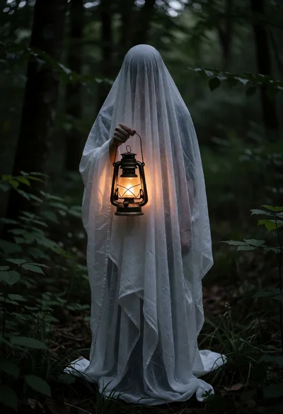 Mysterious faceless figure holding glowing lantern in a dense forest setting