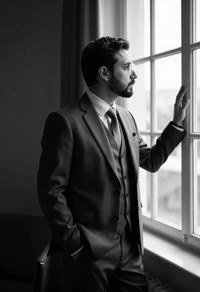 Black and white portrait of a man in a suit looking out