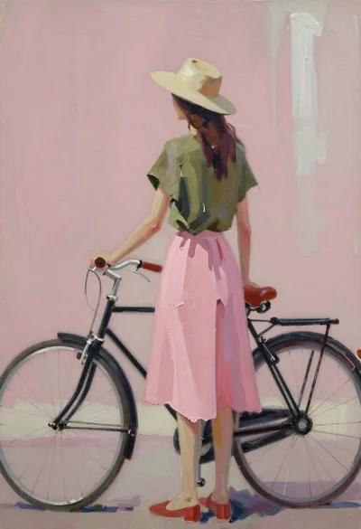 Woman standing beside bicycle in abstract oil painting
