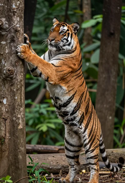 Majestic bengal tiger standing upright gripping tree trunk in dense forest