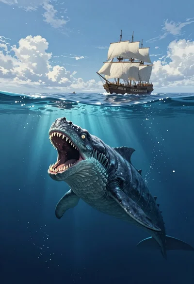 Colossal sea monster rising beneath an old sailing ship on the open