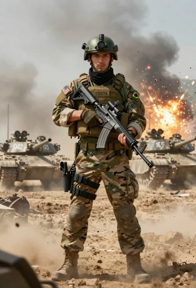 Soldier standing before tanks on a dusty battlefield