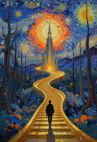 Lone figure ascending golden staircase toward glowing spire