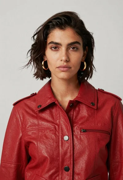 High fashion portrait of woman in red leather jacket