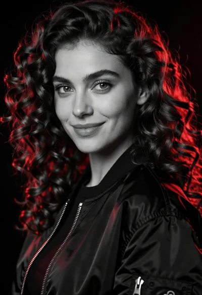 Black and white portrait of woman with curly hair and jacket