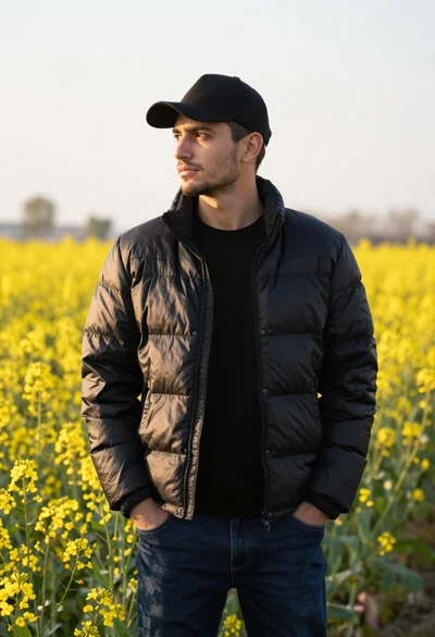 Young man in black puffer jacket standing in a field of yellow