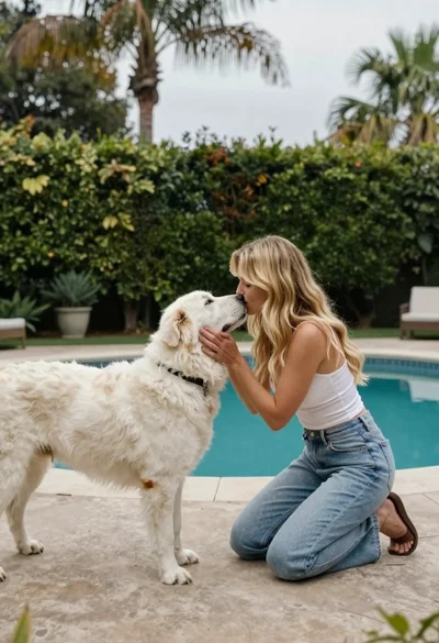 Blonde woman kneeling to kiss white dog in lush backyard setting