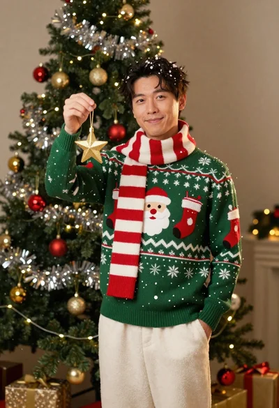 Man in green knit sweater holding gold stars by christmas tree