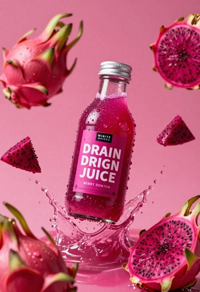 Clear glass bottle of pink dragon fruit juice frozen in a splash
