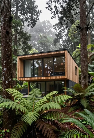 Modern wooden house in a dense forest setting