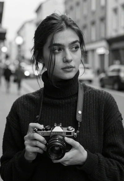 Black and white portrait of young woman holding vintage camera on street