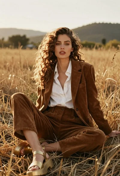Woman in brown corduroy sitting in golden dry grass at sunset
