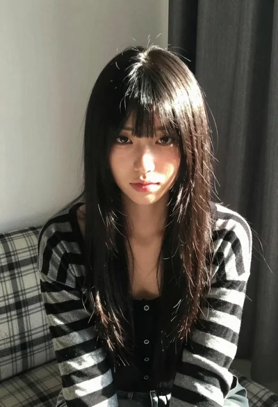 Young woman with black hair in striped cardigan indoors natural lighting