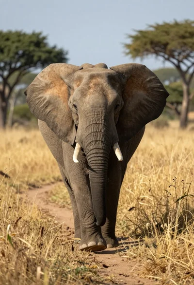 Massive african elephant walking through tall golden grass at low angle