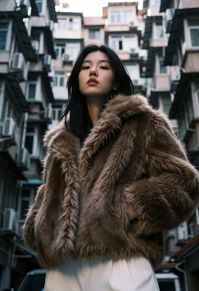 Low angle portrait of woman in faux fur coat within urban alleyway