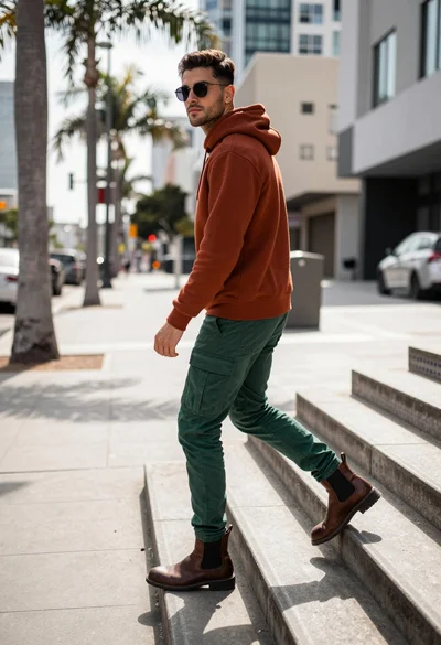 Stylish man walking down city sidewalk stepping onto blue tiled stairs