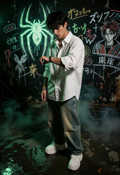 Young man in white shirt looking at watch in gritty studio setting