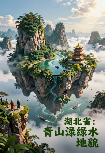 Majestic floating island landscape with pagoda rivers and misty clouds