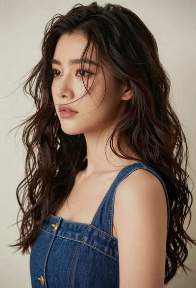 Medium close up portrait of woman with dark wavy hair against light