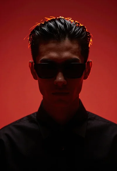 Portrait of person with dark hair against red background