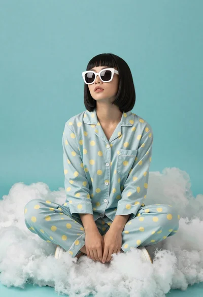 Woman in blue pajamas seated among white clouds
