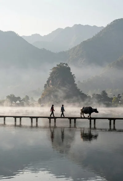 Two figures and buffalo walking across wooden pier over misty lake mountains