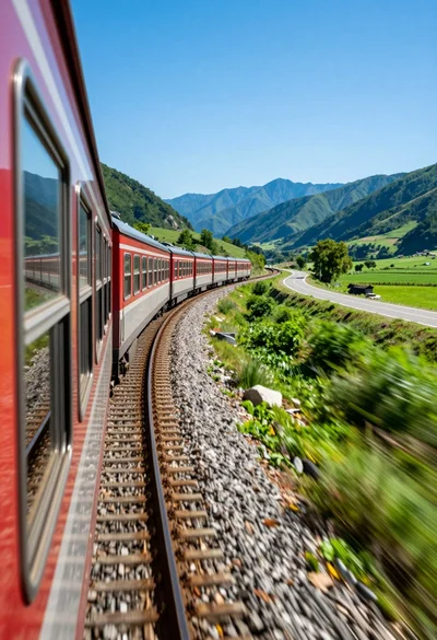 Curving passenger train moving through lush green valley near blue mountains