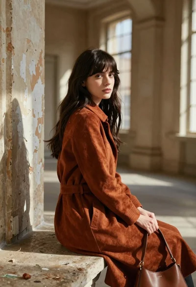 Young woman in rust suede coat seated in weathered architectural corridor