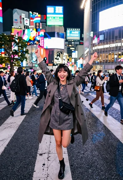 Exhilarated tourist woman at shibuya crossing under neon nightfall