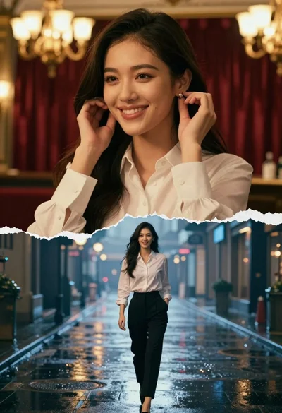 Surreal composite of woman adjusting earring indoors and walking on wet city