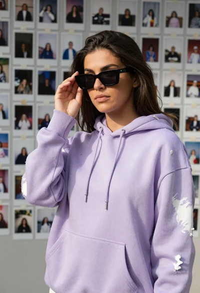 Young woman in light purple hoodie touching black sunglasses near polaroid wall