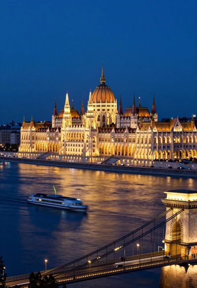 Majestic view of hungarian parliament building at night over a wide river