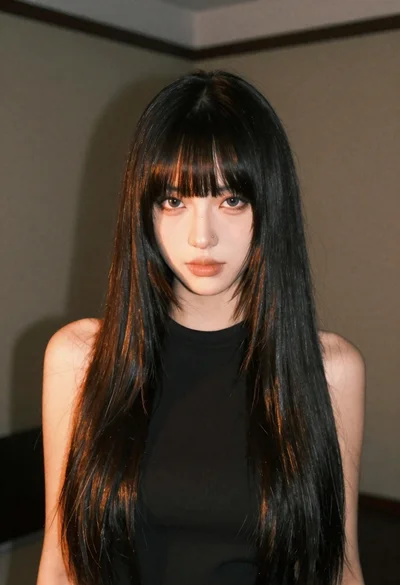 Medium close up portrait of young woman wearing dark colored sleeveless top