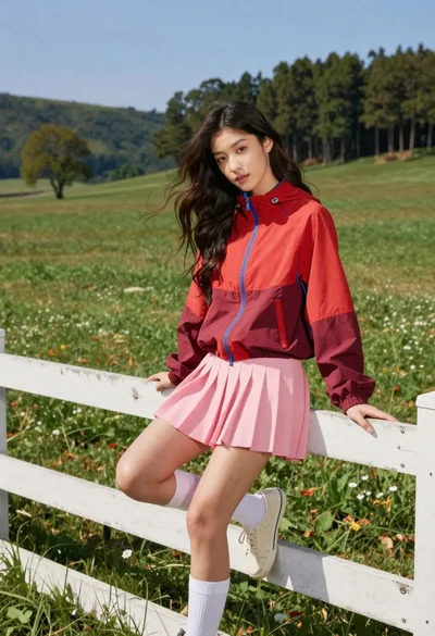 Young woman in red jacket on white fence in green meadow
