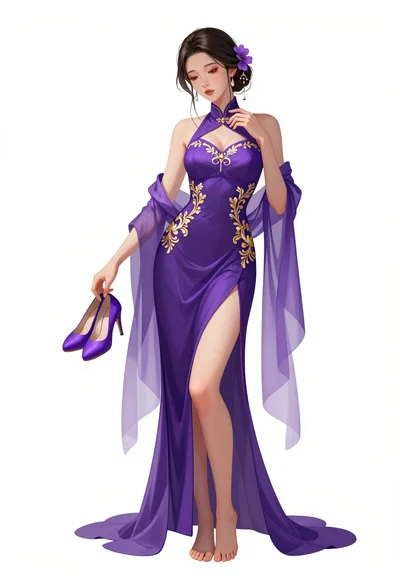 Full body digital illustration of woman in purple gown against white background