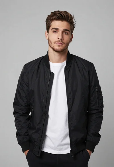 Young man standing wearing black bomber jacket and white tshirt
