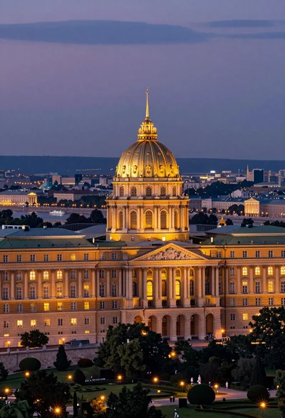 Majestic golden domed palace overlooking sprawling cityscape at twilight