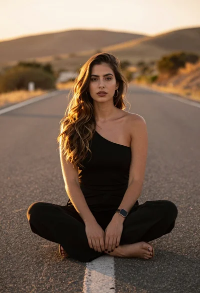 Woman seated crosslegged on open road with rolling hills background