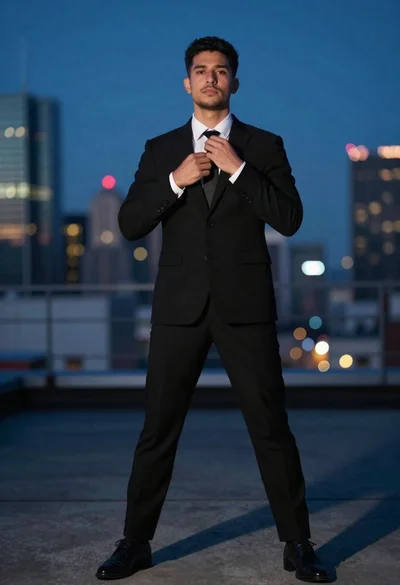 Confident man in black suit adjusting tie on urban rooftop at night