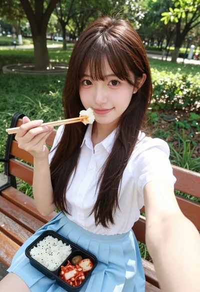 Young east asian woman taking a selfie in a park setting