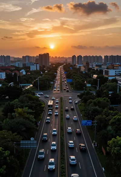Aerial view of busy multilane highway traffic under dramatic sunset sky