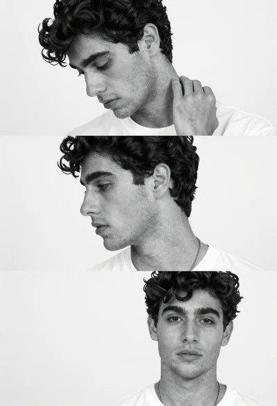 Black and white triptych portrait of young man in studio setting
