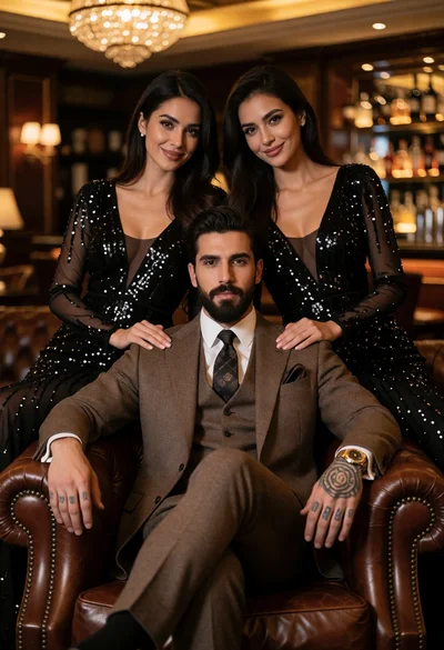 Sophisticated portrait of man seated between two women in an upscale lounge