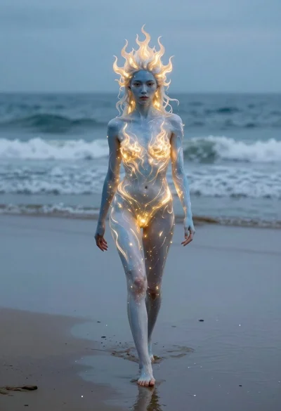Surreal woman with glowing skin walking on wet beach
