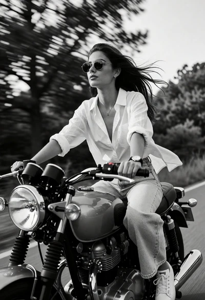 Young woman on classic motorcycle riding down a road with motion blur