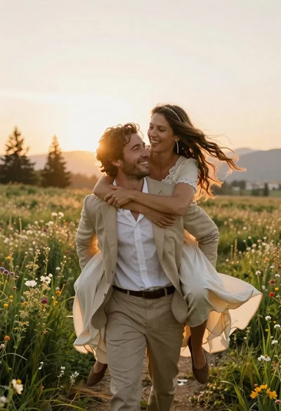 Man carrying woman on his back through a wildflower meadow at sunset